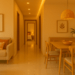 Sala de estar iluminada com decoração minimalista