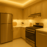 Cozinha iluminada com decoração minimalista